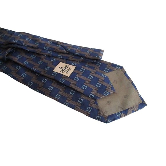 FENDI Navy and Gold Logo 100% Silk Necktie Cravatte - Made in Italy - Picture 5 of 6